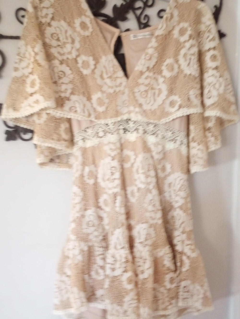Cream Lace-Overlay Mini Dress with Flutter Sleeves